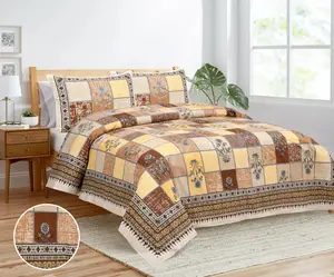 印度供应商特大印花多色混纺棉双层床单，带2个枕套