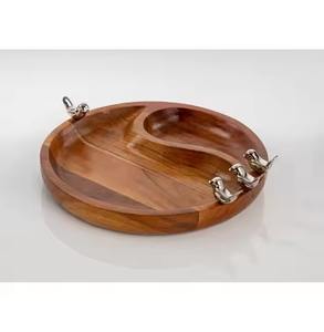 Handmade Round Serving Tray Solid Mango Wood with Humming <b>Birds</b> Handles Elegant Ottoman Tray - Product Image 4