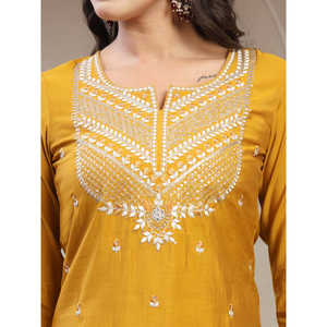 Women's Pure <b>Silk</b> Round Neck Straight <b>Kurta</b> & Trousers with Dupatta Mustard Embroidered Indian & Pakistani Clothing - Product Image 5