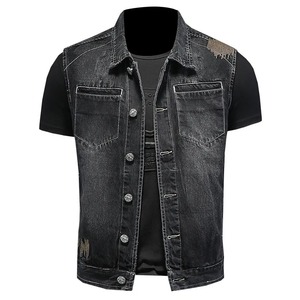 Premium Quality Winter Embroidery Distressed Denim Motorcycle Biker <b>Vest</b> Men's Casual Sleeveless 100% Cotton <b>Slim</b> Fit Outerwear - Product Image 1