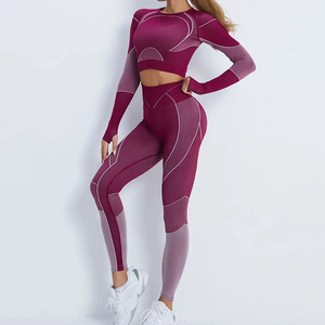 <b>Women</b> Yoga Set Color Blocking High Waist Leggings Full Length Seamless 2 Piece Activewear With Cut-Out Design <b>Mesh</b> Detail - Product Image 2