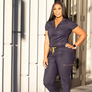 Round Neck Scrubs Uniforms Sets With Attached Short Sleeve Design And High Stand Collar For <b>Clean</b> Lab Style - Product Image 6