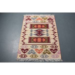 Tapis de 2,9 x 4,1 pieds, tapis turc vintage, tapis en laine à carreaux rouge beige - Product Image 5