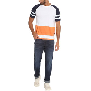 Camiseta de Manga Raglán con Bloques de Color para Hombre, Blanca, Azul Marino y Naranja, Corte Regular, Informal, de Algodón Jersey, Cuello Redondo - Product Image 4