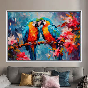 Impression sur toile de couple de perroquets vibrants - Art mural moderne, 1P : encadré blanc - Product Image 1