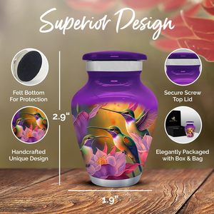 Purple Hummingbird <b>Urn</b> Keepsake - <b>Small</b> <b>for</b> <b>Human</b> <b>Ashes</b> with Box & Bag - Purple <b>Urn</b> with Hummingbirds - Honor Your Loved One - Product Image 3