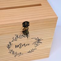 Grande urne en bois avec cadenas, motif chat en bois clair, inscription « Merci », pour mariage, anniversaire, baptême, communion, retraite