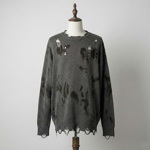 Winter Streetwear Sweatshirt Regular Fit Ripped Hole Knitwear Safety Pin Detail Vintage <b>Oil</b> Stain Dirty Effect Digital Pullover - Product Image 1