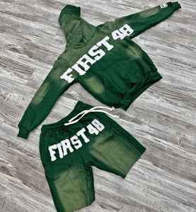 Conjunto de pantalones cortos con capucha Vintage lavado ácido de alta calidad para hombre, chándal con estampado Digital y logotipo personalizado, ropa de calle de verano 100% de algodón - Product Image 3