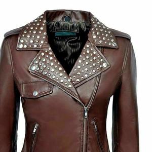 Chaqueta de cuero para mujer con cuello levantado personalizado, chaqueta de cuero de talla grande para uso en exteriores, chaqueta de cuero auténtico - Product Image 2