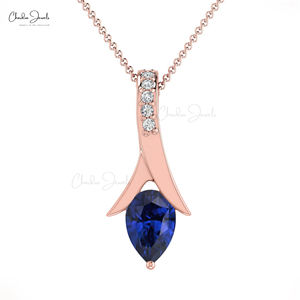 Pendentif délicat en diamant taille brillant G-H de 0,9 mm avec sertissage clos de 6x4 mm, collier en saphir bleu, or massif 14 carats, bijoux personnalisés - Product Image 2