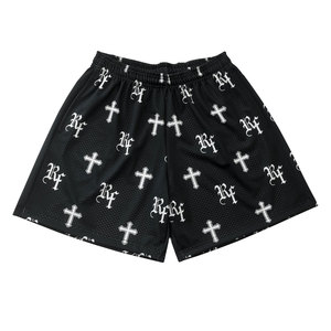 Design personnalisé High Street Solid Mesh Croix Shorts Noir/Blanc pour hommes Transfert de chaleur Imprimé avec poches à fermeture à cordon de serrage - Product Image 1