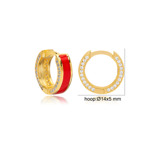 Red Color Enamel Design Clear Zircon Stone <b>Hoop</b> <b>Earrings</b> Turkish Handmade 925 Sterling Silver Jewelry - Product Image 2