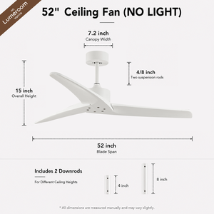52 Inch 3 Blade White Ceiling <b>Fan</b> Without Light <b>Remote</b> <b>Control</b> DC Motor Solid Wood Blades for Bedroom Living Room - Product Image 5
