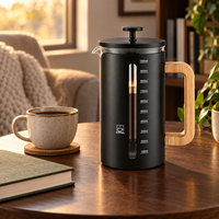 Presse à café unique de 34 oz en acier inoxydable avec poignée en bois de bambou, verre borosilicate épais résistant à la chaleur, presse à café française