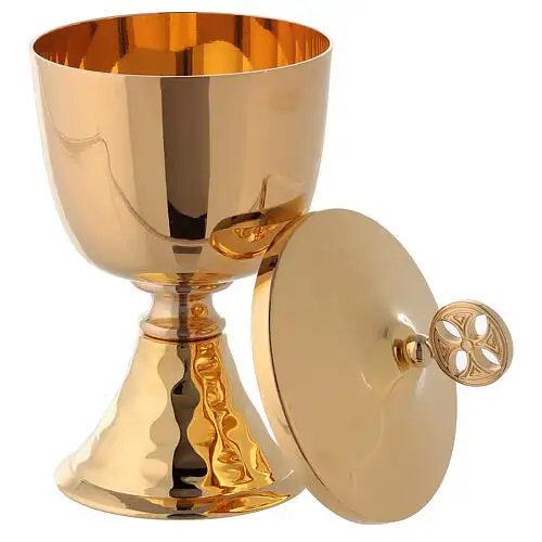 Chalice and ciborium in polished golden brass with leaf knop Christian Catholic Church Chalice and Ciborium Church Supplies