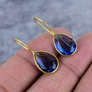 Pendientes de Plata de Ley 925 con Baño de Oro y Tanzanita en Forma de Pera, Diseño Único y Moderno para Mujer, Regalo para Bodas y Fiestas - Product Image 1