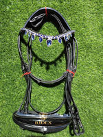 Bride de cheval de dressage de haute qualité en cuir souple rembourrage bleu et bande de sourcils en cristal avec rênes Web emballage personnalisé ..