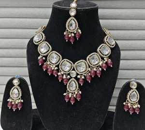 Collier de mariée multicolore lourd Kundan du fabricant indien avec perles goutte forme personnalisée fêtes ethniques bijoux pour femmes indiennes - Product Image 2