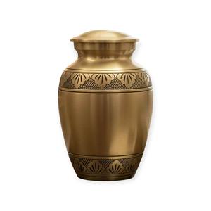 Brushed Gold Brass Keepsake Urn with Traditional Etched Border and Timeless <b>Memorial</b> Style - Product Image 1