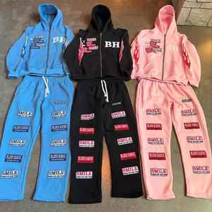 High Quality Winter Streetwear Vintage Heavyweight SweatSuit Cotton <b>Fleece</b> Embroidery Sweatpants French Terry Distressed <b>Hoodie</b> - Product Image 1