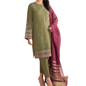 Ensemble Salwar Kameez 3 pièces en coton brodé pour pelouse, robes et costumes de créateurs pakistanais, vêtements indiens et pakistanais - Product Image 1