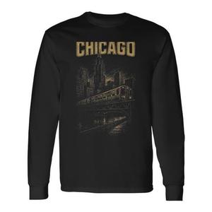 T-shirt a maniche lunghe vintage con skyline di Chicago, architettura urbana e ferrovia, abbigliamento promozionale in stile urbano vintage - Product Image 1