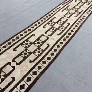 Turkish Vintage Runner Rug 3.1x12.1 ft, Kilim <b>Brown</b> <b>Wool</b> Rug - Product Image 2