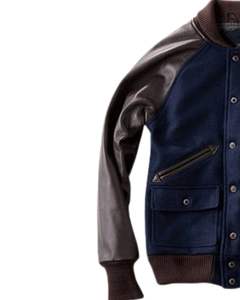 แจ็คเก็ตวาร์ซิตี้ผู้ชาย สีน้ำเงินกรมท่า ตัวเสื้อทำจากผ้าขนสัตว์ แขนเสื้อทำจากหนังสีน้ำตาล คอเสื้อแบบริบ ติดกระดุมแป๊ก สไตล์วินเทจ แบบนักศึกษา - Product Image 2