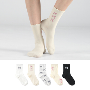 Chaussettes en coton tricoté respirantes pour femmes - Motif imprimé mignon avec nœud en ruban - Chaussettes décontractées coréennes pour tous les jours - Icône B - Product Image 1