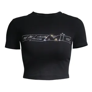MOQ rendah kustom Bling Crop Top kaus dengan Logo berlian imitasi dibuat sesuai pesanan Wanita Atasan kaus