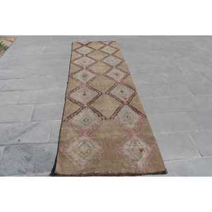 Vintage Rug, 3x9.7 ft Turkish Rug, <b>Brown</b> Floral <b>Wool</b> Rug - Product Image 1