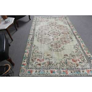 Tapis en laine beige vintage 5.1x9,1 pieds tapis turc tissé plat avec motif patchwork support en latex pour décorations de salon - Product Image 3