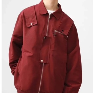 แจ็กเก็ตบอมเบอร์วินเทจสำหรับผู้ชายทรงหลวมสีแดงใช้งานได้อเนกประสงค์เครื่องแบบเบสบอล - Product Image 4