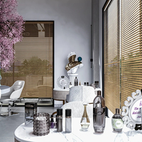 Ensemble de mobilier complet pour salon de beauté avec fauteuil de lavage matelassé blanc, poste de travail central et mur d'onglerie à arche LED