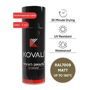 KOVALI 3 en 1 Aerosol en Spray, Imprimación, Esmalte, Protección Anticorrosión para Metal, Madera y Hormigón, Acabado Mate, Color Gris Caqui RAL 7008, 520ml - Product Image 1
