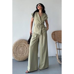 Giacca Kimono estiva in due pezzi a maniche corte da donna con pantaloni Palazzo dal taglio ampio e lacci - Product Image 1