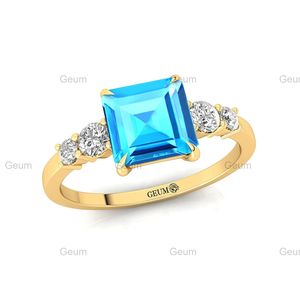 Diseño clásico Precious 100% Natural Swiss Blue Topaz & Diamond Anillos de compromiso en 18K Sólido/Rosa/Amarillo/Oro blanco OEM - Product Image 4