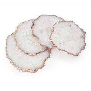 Wholesale Best Quality White Salt Agate Coasters Natural Gemstone <b>Crystal</b> Slice with Golden Edge Religious Style for Home Office - Product Image 1