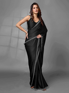 Trendmalls Sari noir pour femme K1086, pièce de chemisier non cousue en satin georgette, coupe classique, toutes saisons, style indien pakistanais, pour les fêtes - Product Image 4