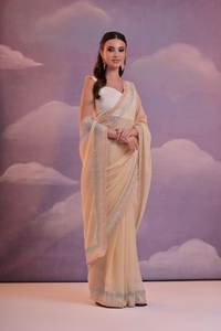 Collection de saris en soie géorgette plissée ethnique indienne élégante, magnifique sari brodé de fils lourds + blouse multicolore large - Product Image 4