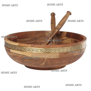 Tazón de madera para servir ensaladas con 2 cucharas Diseño clásico Tamaño personalizado Tazón de chocolates de forma redonda en la India - Product Image 5
