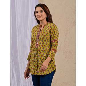 Blusa de Popelina Verde con Estampado Floral, Cuello con Lazo y Mangas Medias para Mujer, Talla XL, para Primavera y Otoño - Product Image 4