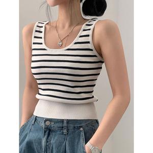 <b>Women's</b> <b>White</b> and Black Striped Ribbed Sleeveless Knit <b>Tank</b> <b>Top</b> for Summer - Product Image 3