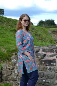 ชุดเดรสพิมพ์ลายดอกไม้สีเทอร์ควอยซ์สำหรับใส่ในสวนสไตล์ญี่ปุ่นทำมือสไตล์โบฮีเมียนวันหยุดฤดูร้อน - Product Image 6