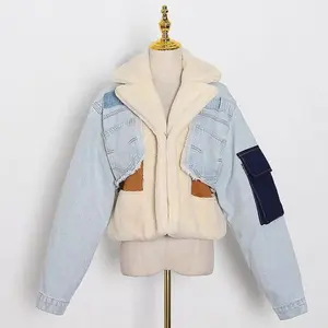 Áo Khoác Nữ Mùa Đông Thời Trang Áo Khoác Denim Chắp Vá Màu Xanh Áo Khoác Len Dày Nhung Khâu Vải Bò Cashmere Cho Nữ