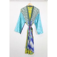 Vintage Seda Saree Kimono Mujeres Robe Kimono Vestido Albornoz Maxi Vestido