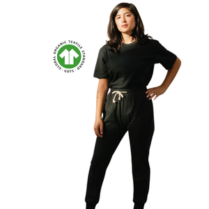 <b>Women</b> Organic Cotton <b>Jogger</b> Pants - Black, 5.4 oz Jersey, Breathable with Stretch Waistband and Ribbed <b>Leg</b> Cuffs - Product Image 1