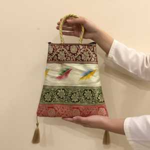 Handmade Banarasi Tote Bag <b>with</b> Embroidery Multitone <b>Feather</b> Design Lightweight and Durable for Daily Use for All Seasons - Product Image 6