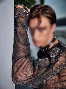 Rhinestone Shiny Sheer <b>Tops</b> <b>See</b> <b>Through</b> High Quality 100% Polyester Glitter Mesh Tee Oversize Rhinestone <b>Black</b> Shirt <b>Tops</b> - Product Image 4